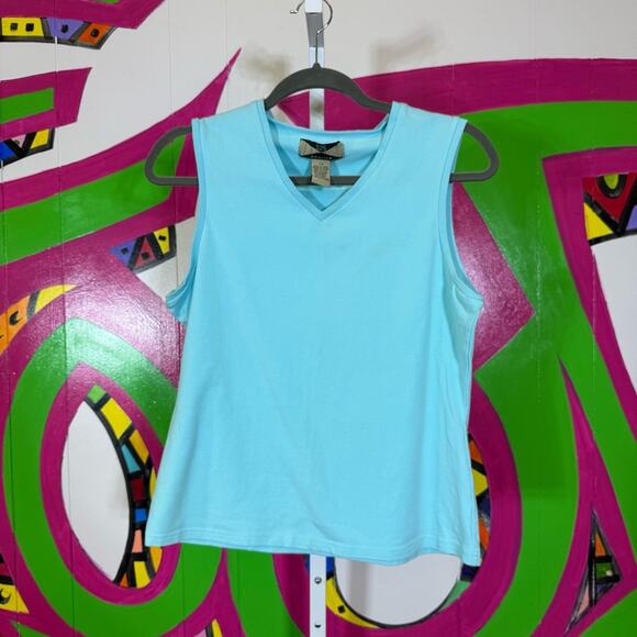 525 America, Blue V-Neck Sleeveless Shirt. Size Large. Minor pen marks on back. - Picture 1 of 6